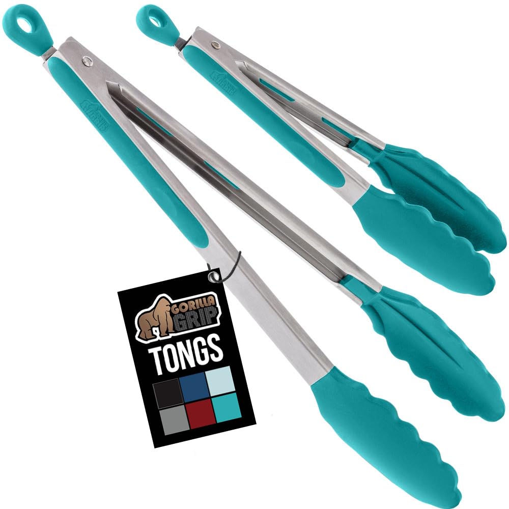GORILLA GRIP Stainless Steel Heat Resistant Kitchen Tongs for Cooking, 9 + 12 Inch, Set of 2 BBQ Tong, Non Scratch Silicone Tip for Pan, Strong Grip, Grab Food, Toss Salad, Air Fryer, Pull Lock, Black