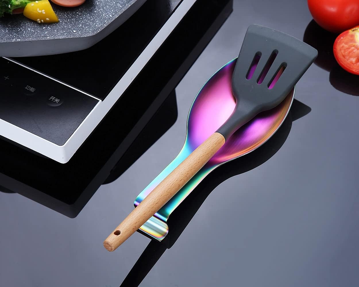 Matte Rainbow Spoon Rest, Stainless Steel Holder for Kitchen Utensils, Dishwasher Safe (1PC-9.5 Inch)