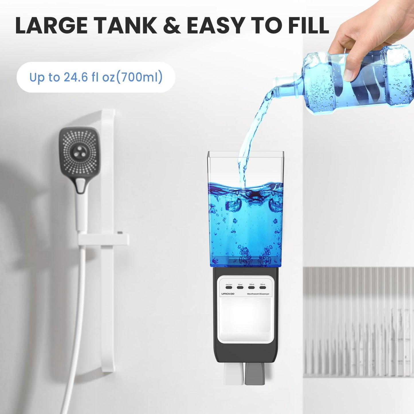 WOVAZUS Auto-Mouthwash Dispenser for Bathroom - 700mL Rechargeable Wall-Mounted with 2 Magnetic Cups, 3 Smart Levels, No-Drill Installation for Kids & Adults (12-Month Battery)