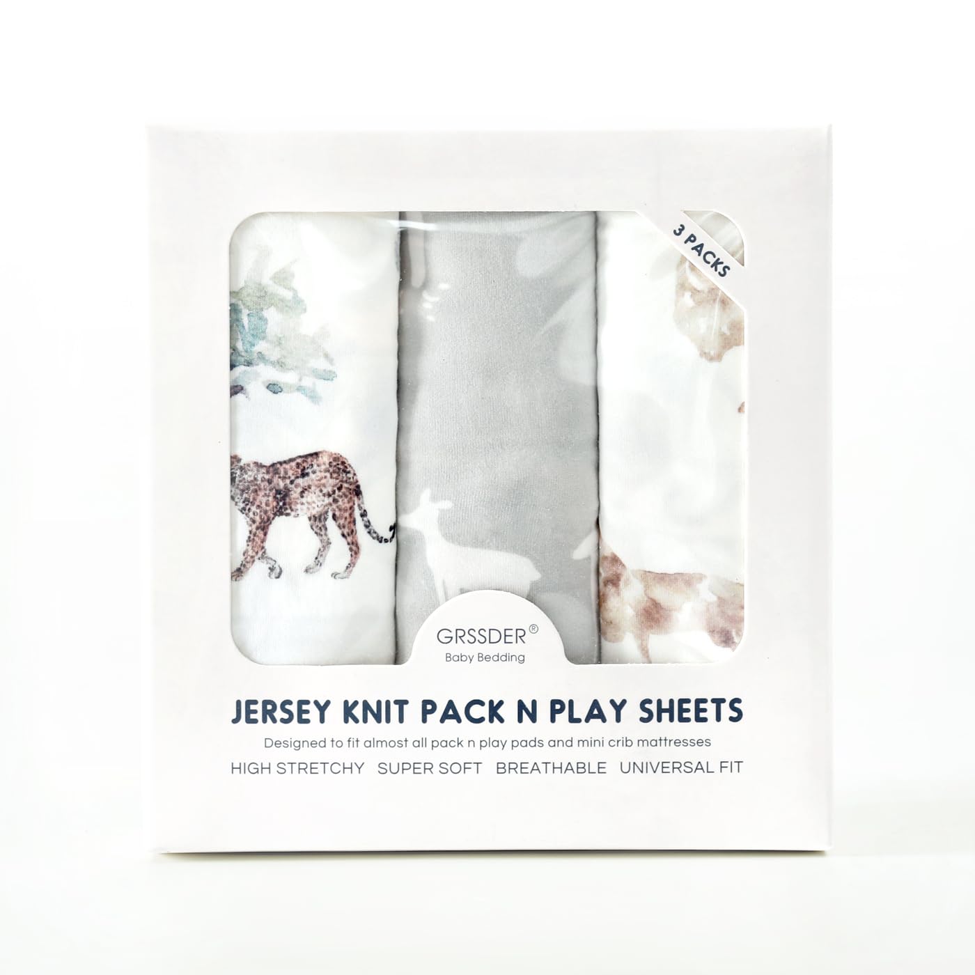 Stretchy Ultra Soft Jersey Knit Pack n Play Sheets Set 3 Pack, Portable/Mini Crib Sheets for Girls and Boys, Universal Fit for Pack N Plays Safe and Snug, Stylish African Savannah Animals Pattern