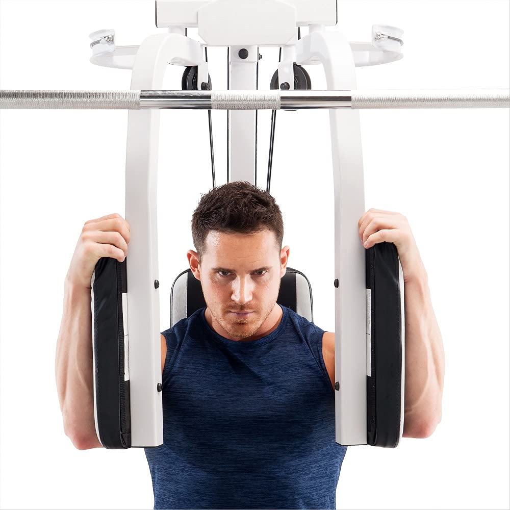 Marcy Pro Smith Cage Workout Machine Full Body Training Home Gym Equipment System with Leg Developer, Press Bar, PEC Deck, and Squat Rack, White