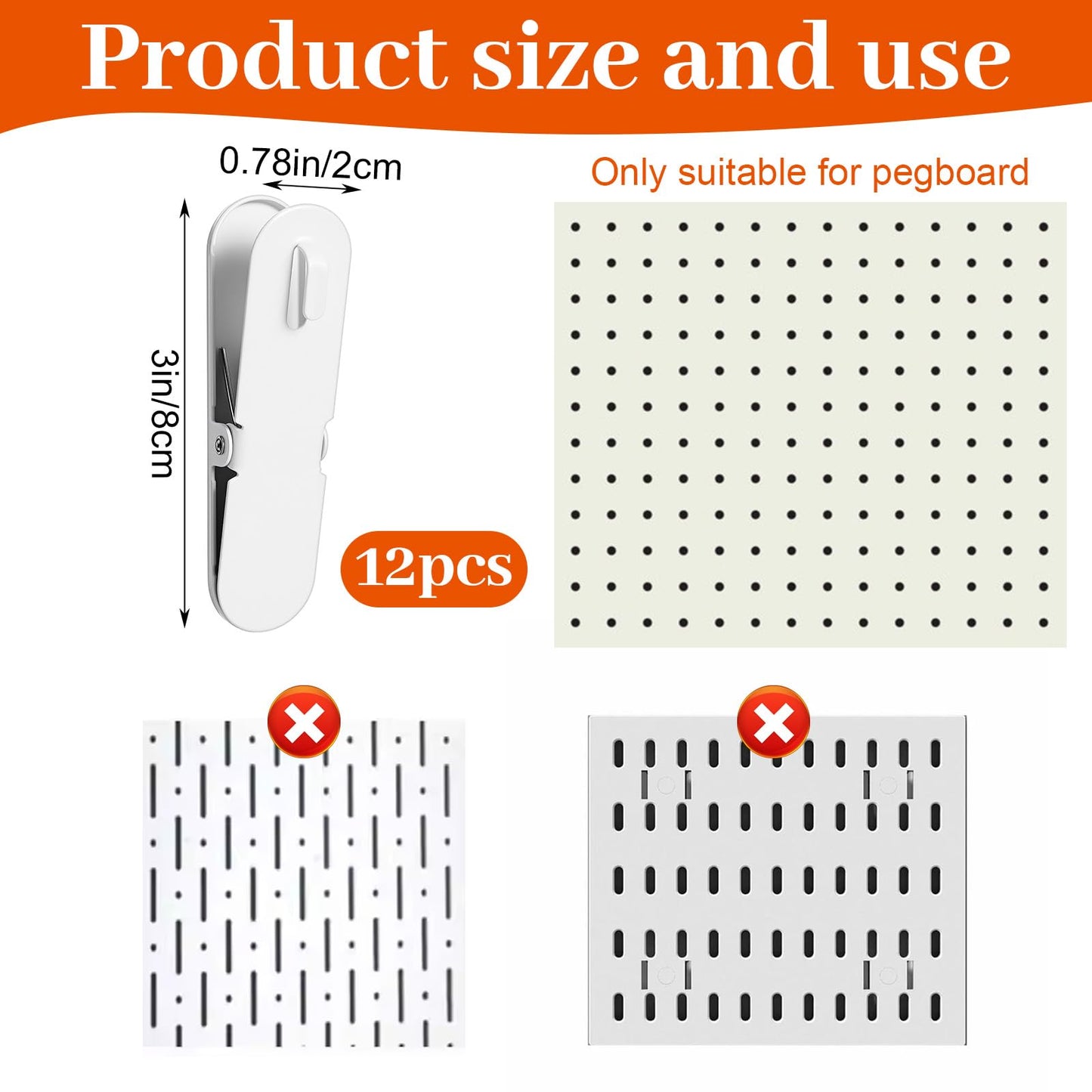 Tolare 12 Pcs White Pegboard Clips, Metal Pegboard Accessories White Hooks for Wall Organizer, Kitchen Bathroom Office Craft Room Storage Display, 3" x 0.78"