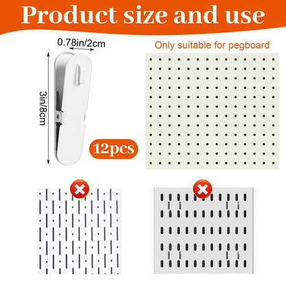 Tolare 12 Pcs White Pegboard Clips, Metal Pegboard Accessories White Hooks for Wall Organizer, Kitchen Bathroom Office Craft Room Storage Display, 3" x 0.78"