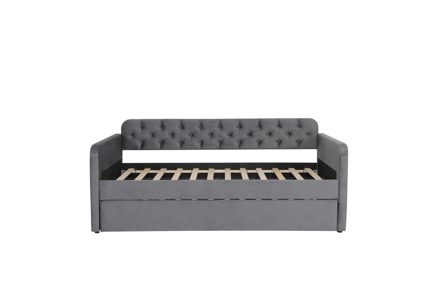 Acosure Twin Size Velvet Upholstered Daybed with Trundle and USB Charging Design,Bed Frame W/Fabric-Tufted Linen Backrest,for Bedroom,Guest Room,Apartment,Dark Grey