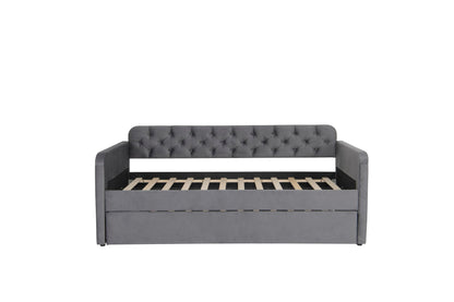 Acosure Twin Size Velvet Upholstered Daybed with Trundle and USB Charging Design,Bed Frame W/Fabric-Tufted Linen Backrest,for Bedroom,Guest Room,Apartment,Dark Grey