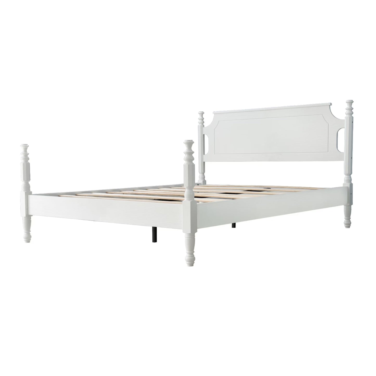 Solid Wood Queen Size Platform Frame, Headboard & Footboard, No Box Spring Needed, 12 Wooden Slats, Center Metal Legs, Slip-Free, Simple Assembly, Under Bed Storage, Pure White Finish, ROQ-39