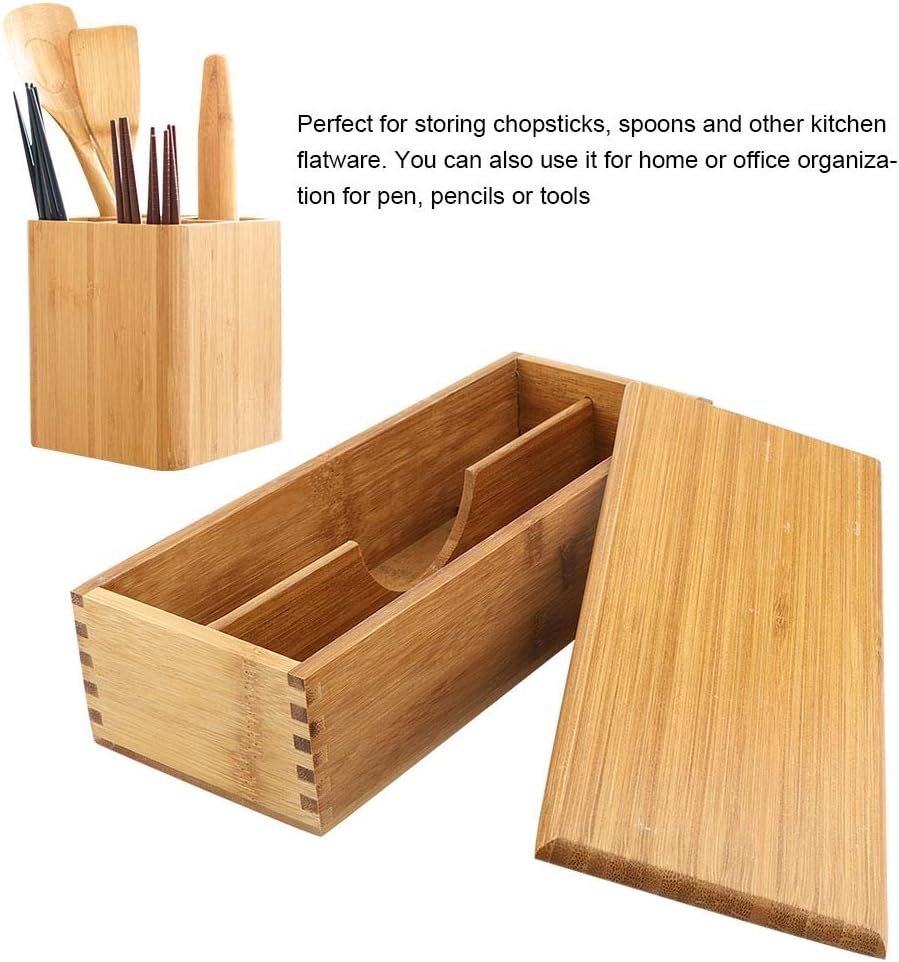 Cutlery Box with Lid, Japanese Chopsticks Box Tableware Spoon Cage, Bamboo Chopstick Spoon Storage Box for Kitchen