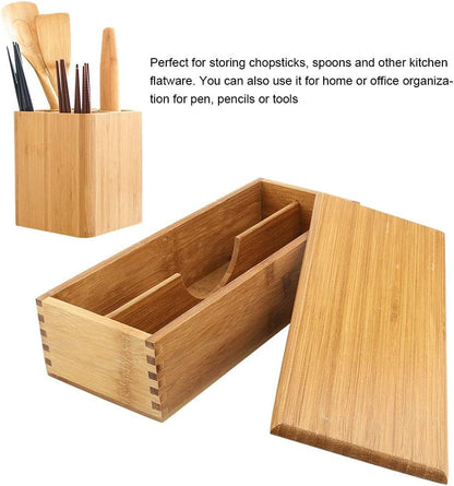 Cutlery Box with Lid, Japanese Chopsticks Box Tableware Spoon Cage, Bamboo Chopstick Spoon Storage Box for Kitchen