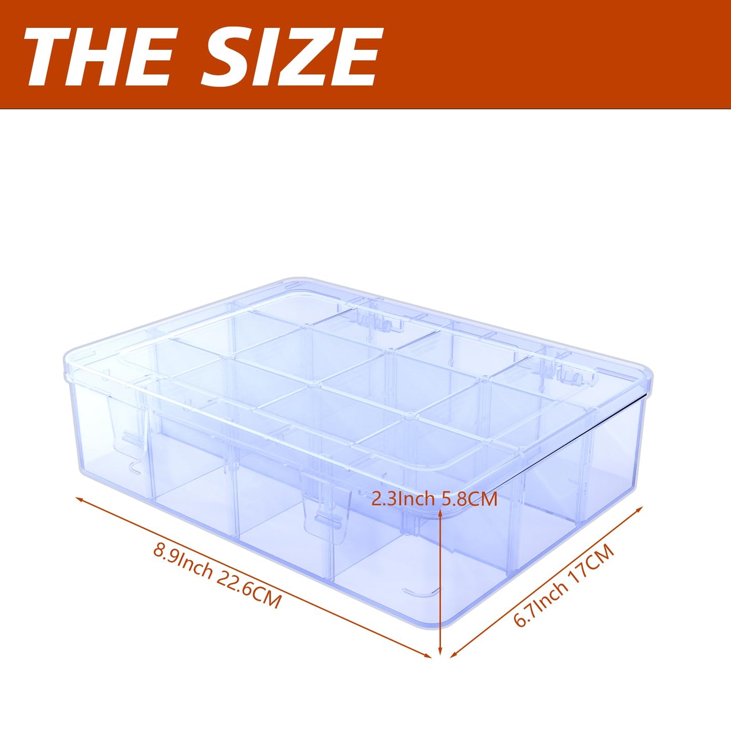 SRNYJAO Plastic Organizer Tackle Box, 12 Grids Clear Bead Organizer Compartment Box with Removable Dividers for Snackle box,Parts, Earring Tool Fishing Hook Hair Accessories,8.8" L x 6.4" W x 2" H