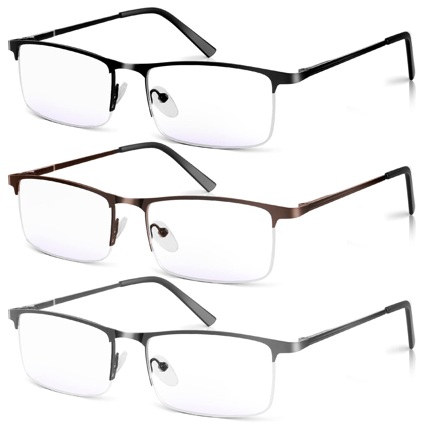 WEIMELTOY 3 Pack Blue Light Blocking Reading Glasses for Men, Stylish Half Frame Metal Computer Readers, Lightweight Spring Hinge Eyeglasses Anti Eyestrain/Glare/UV (Mix Color, Black+Grey+Brown, 1.25)