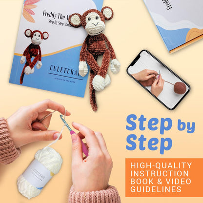 CULETCRAFT Crochet Kit for Beginners Adults, Freddy the Monkey DIY Crochet Animal Kit for Beginners, Learn to Crochet with Step-By-Step Instruction Book, Beginner Crochet Kit for Adults
