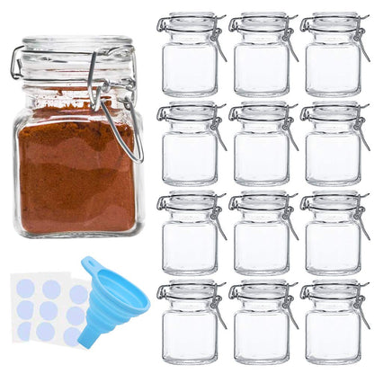 SPANLA Spice Jars, 24 Pack 4oz Small Glass Jars with Airtight Hinged Lid, With 24 Spice Labels & Silicone Funnels, Airtight Glass Jars for Spices, Condiments Herb Seasoning Art Craft Storage