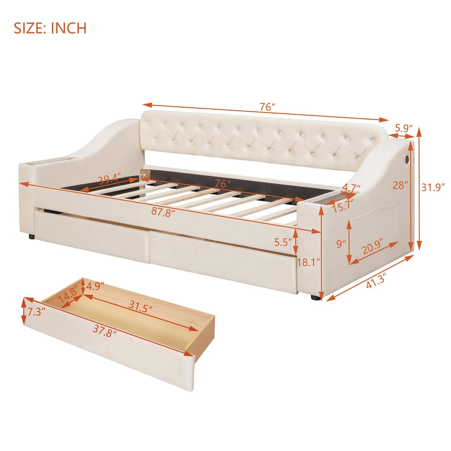 Brisca Twin Size Upholstered Daybed with Storage Armrests and USB Port,Bed Frame W/ 2 Drawers & Wood Slats Support,for Bedroom,Apartment,Guest Room,Beige