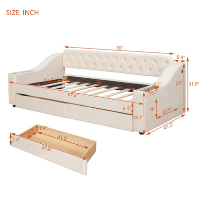 Brisca Twin Size Upholstered Daybed with Storage Armrests and USB Port,Bed Frame W/ 2 Drawers & Wood Slats Support,for Bedroom,Apartment,Guest Room,Beige
