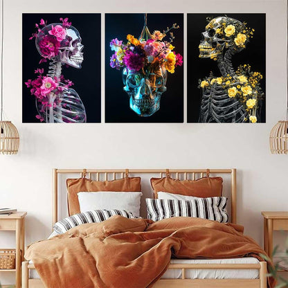LATETOMT 15x20in 3 Pieces Aesthetic Skull Tapestries Flower Skeleton Wall Art Goth Love Tapestry Black Vertical Wall Tapestry for Valentine's Day Decor Bedroom Living Room Dorm LTMTAYW500