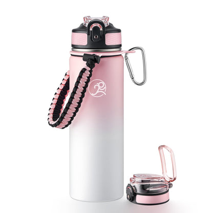 GOSWAG Insulated Sports Water Bottle, 24oz 2 Lids(with Straw/No Straw), Stainless Steel Water Bottles with Paracord Handle, Insulated Bottle with Double-Wall Vacuum Insulation