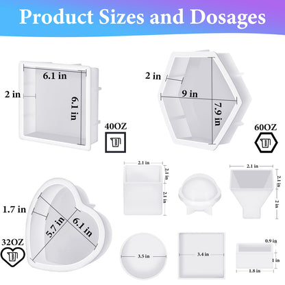 KISREL Large Resin Molds, 3 PCS Silicone Molds Kit for Resin Including Large Hexagonal and Square Heart Resin Mold, Epoxy Resin Molds for Flower Preservation Kit