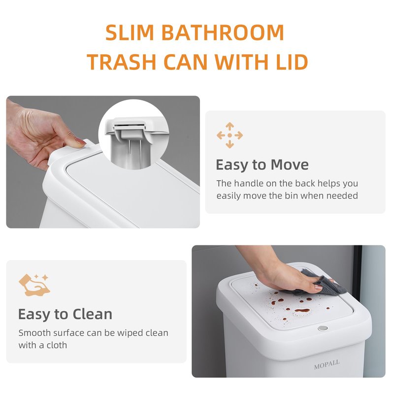 MOPALL 1.9 Gallon Slim Bathroom Trash Can with Lid - Dual-Way Opening (Step Pedal & Press Top) Small Trash Can for Narrow Spaces, Rust-Proof Wastebasket Small Garbage Can for Bathroom, Bedroom, Office