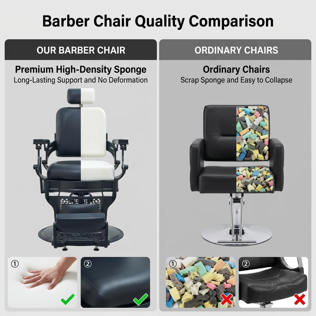 Grace&Grace Barber Salon Chair for Barbershop,Heavy Duty 700 lbs Recline Salon Chair for Hair Beauty Stylist Tattoo Home (Black-Black)