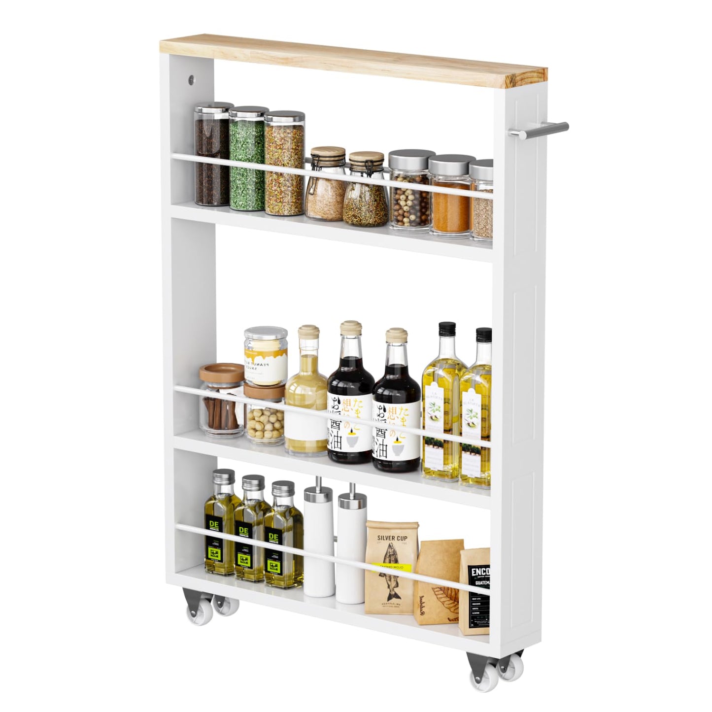 KLM 4 Tier White Slim Storage Cart with Handle, Slide Out Storage Rolling Utility Cart for Kitchen, Laundry, Narrow Places