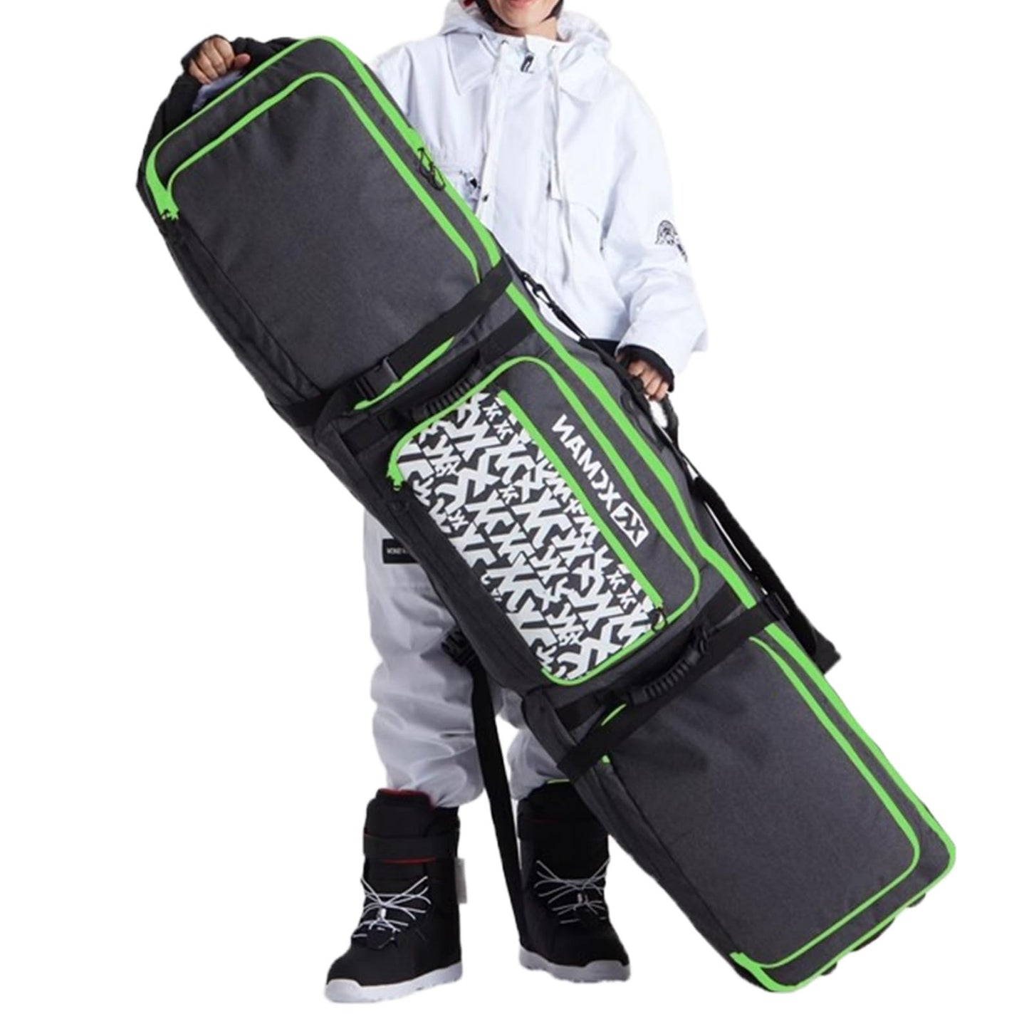 Padded Snowboard Bag with Wheels, Heavy-Duty Wheeled-Ski Travel Bag, Storage Ski Board Boots, Helmet, Jacket for Flying Air Travel, 65 Inch (Extendable to 80.7 Inch),Green
