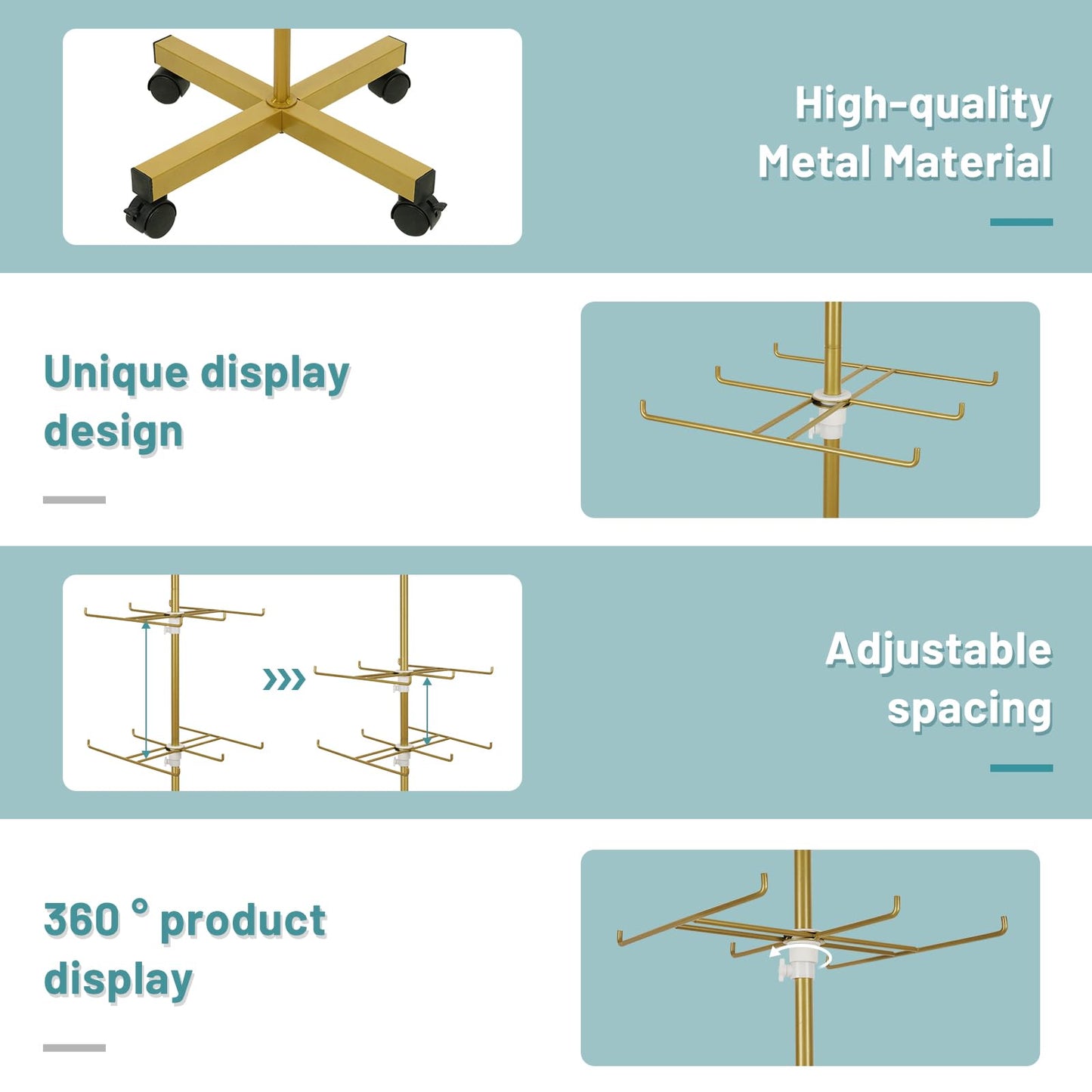 Flenpptly Retail Display Stand Rotating Display Stand 4 Tier Spinning Display Stand for Craft Shows, Jewelry, Keychain, Earring Adjustable Height Retail Display Racks (Gold)