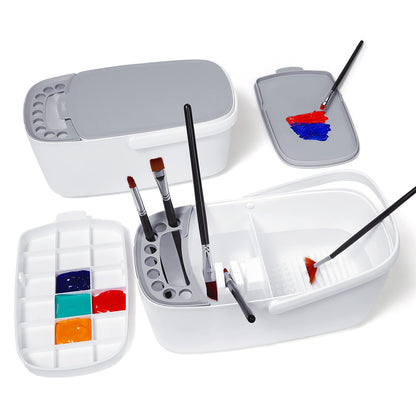 GAMENOTE Paint Brush Cleaner - Paint Brush Holder with Palette and Handle,Rinser for Acrylic, Watercolor, and Water-Based Paints, Painting Art Supply Storage Organizer (White+Grey)
