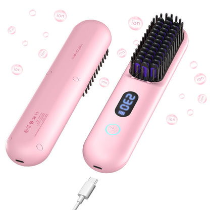 Cordless Hair Straightener Brush-Portable Straightening Comb, 9600mAh Batt, Plasma Tech, 9 Temp-Settings & LED Display, for Travel & Home(Pink)