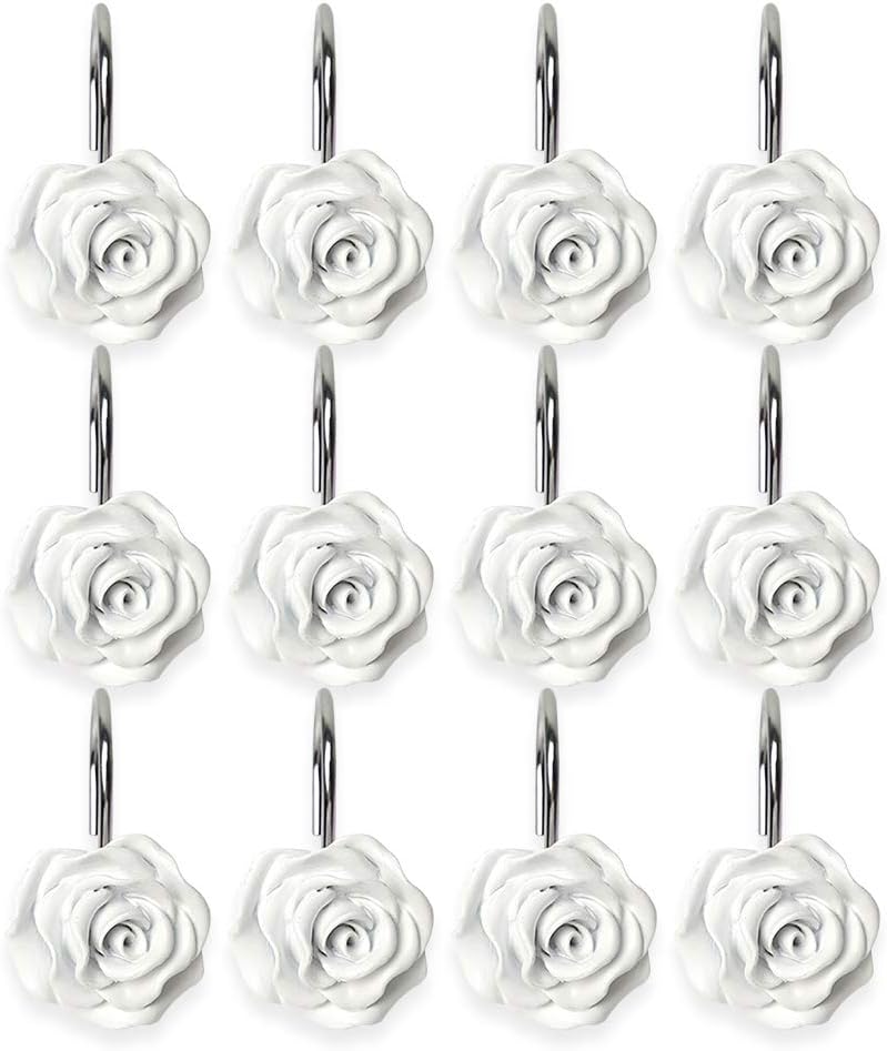 Actpe 12pcs White Rose Flower Shower Curtain Hooks, Rustproof Metal, Decorative for Bathroom, Living Room, Kid's Room