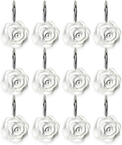 Actpe 12pcs White Rose Flower Shower Curtain Hooks, Rustproof Metal, Decorative for Bathroom, Living Room, Kid's Room