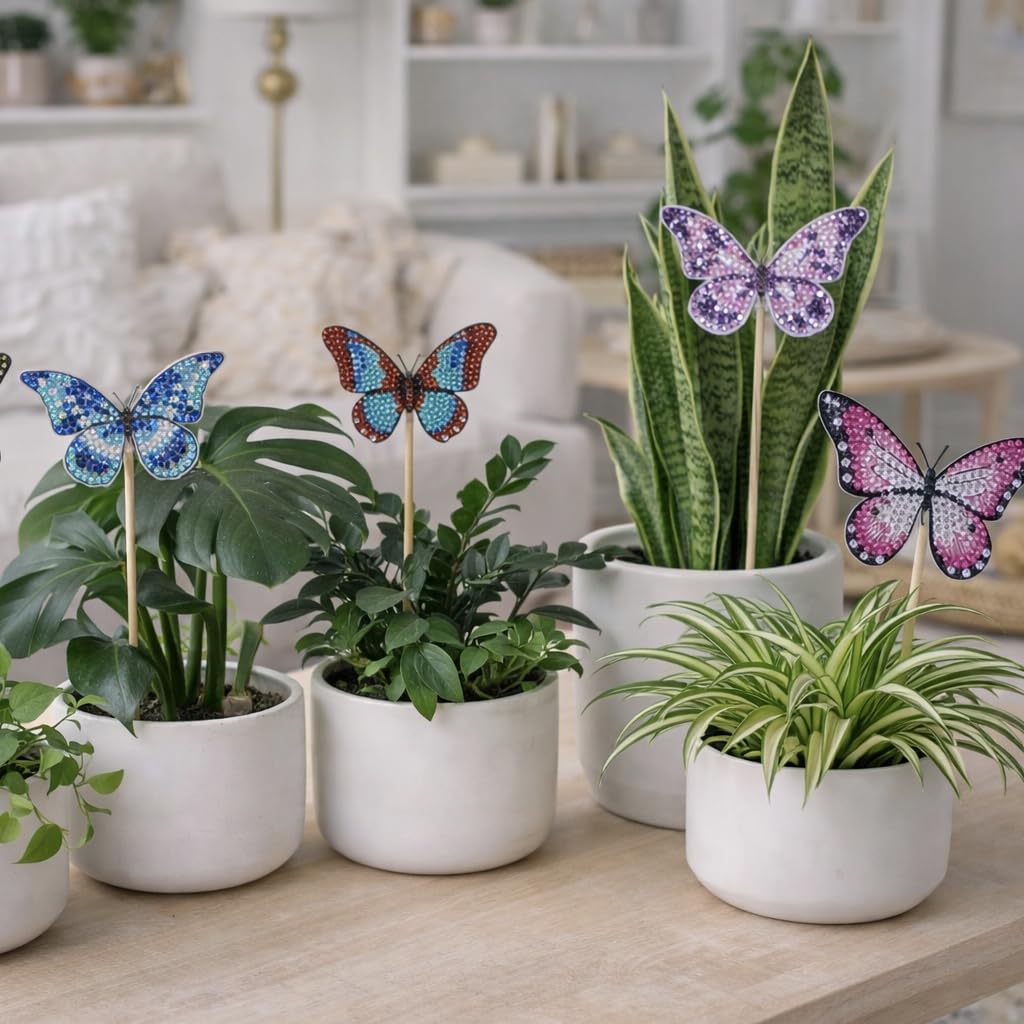 BEAUTYMEHNDI STORE 8 Pack Diamond Art Butterfly Plant Stakes – DIY Mini Diamond Painting Kit for Adults, Garden Decor, Partial Drill Jewel Art, Small Craft for Indoor & Outdoor Plants Adult