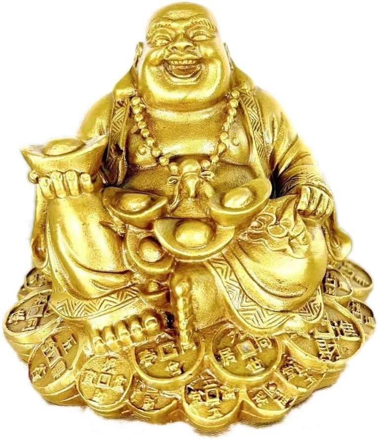 SMRTHMRT Feng Shui Decor Laughing Buddha Statue, Maitreya Figurine Carrying Money Bag, Brass Sculptures