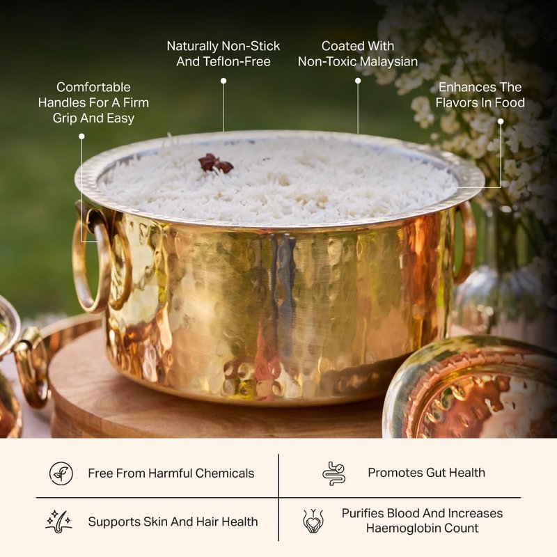 P•TAL Brass Stock Pot with Lid Naturally Nonstick and Toxin Free Pasta Pot Multipurpose Cooking Pot, PFOA and PTFE Free (1 Quart)