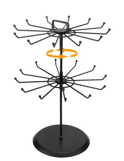 MyGift 2 Tier Black Metal Rotating Necklace tree stand for vendor & bracelet holder Jewelry Stand with 24 Hooks, Multipurpose Accessory and Keychain Spinning Display with Top Handle Card organizer