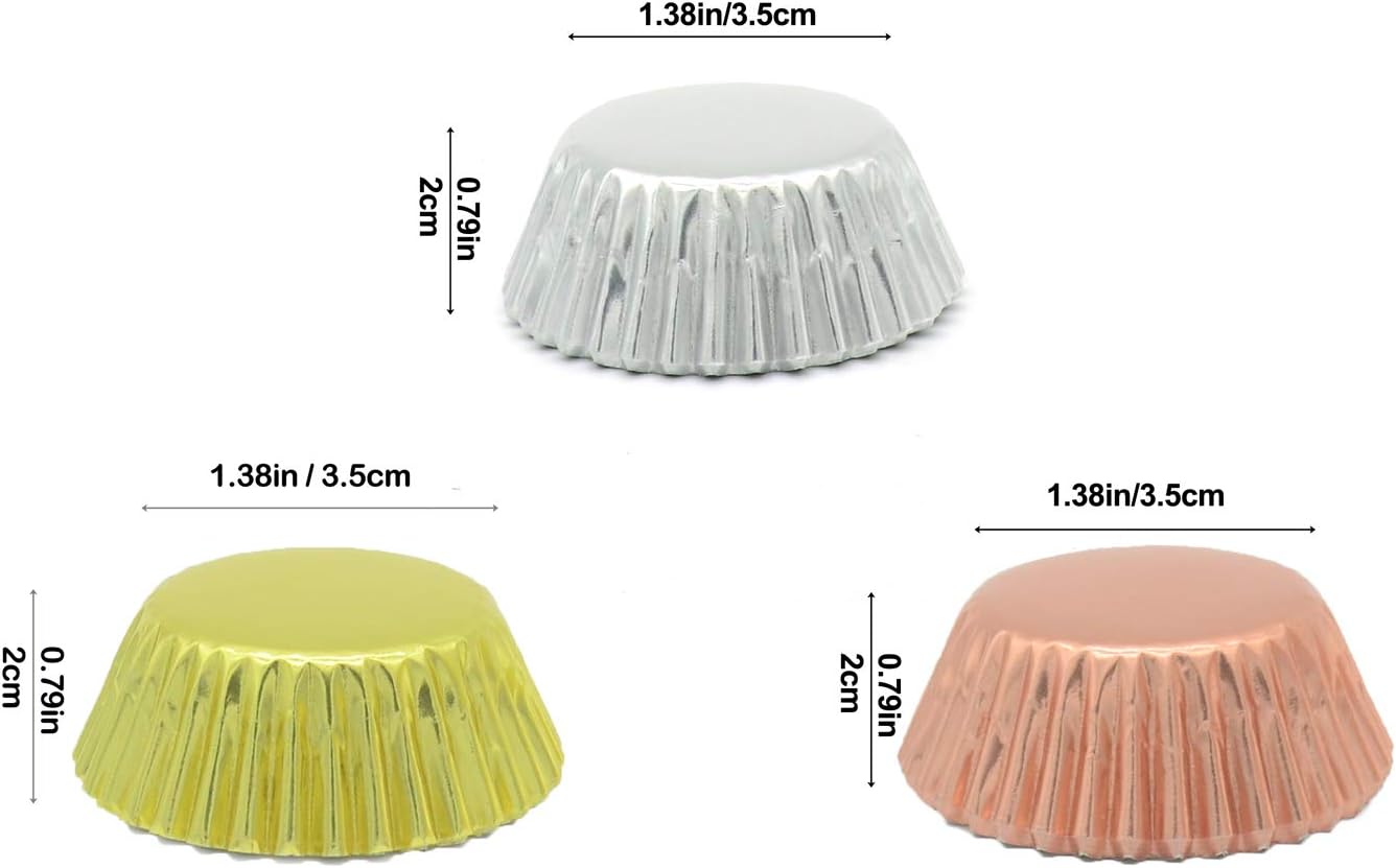Mini Metallic Foil Paper Cupcake Liners in Rose Gold, Gold, and Silver - 300-Count Baking Cups