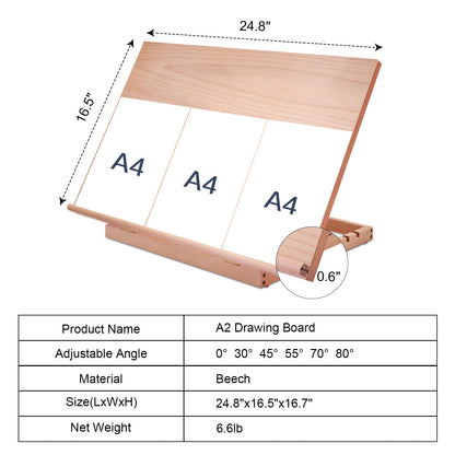 Large Artist Drawing & Sketching Board, 6-Position Adjustable Wood Drafting Table Easel, 24.8" L x 16.5" W (A2) Art Easel for Artist, Beginners, Students
