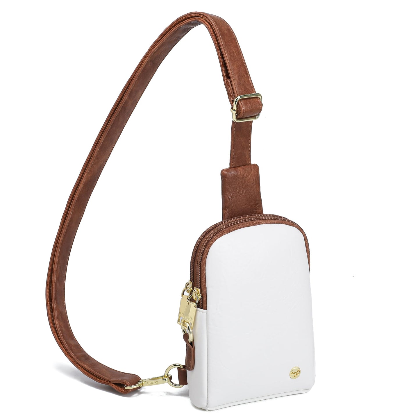 INICAT Sling Bag for Women Touchscreen Small Crossbody Cell Phone Purse Fanny Pack（White Brown Anti Theft Small)