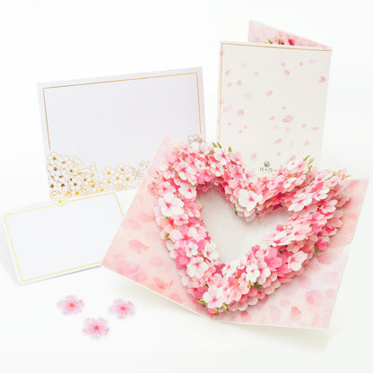 HIBINO 3D Pop-Up Sakura Heart Card | With Slide-Out Message Note | Handcrafted Floral Design | Perfect for Mother's Day, Anniversaries, Birthdays, Weddings, Valentine’s Day, and More | Designed in Japan