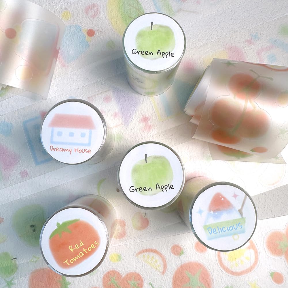 Qojai 4 Rolls Washi Tape Set,Cute Washi Tape Stickers with Die Cutting,Cartoon Fruit PET Washi Tape,Self-Adhesive Waterproof PET Tape,DIY Crafts Decorative Tape for Journaling Scrapbooking Supplies