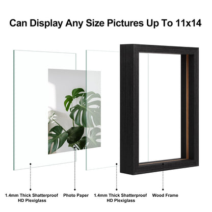 Egofine 11x14 Floating Frames Set of 2, Double Plexiglass Picture Frame, Made of Solid Wood Display Any Size Photo up to 11x14, Wall Mount or Tabletop Standing, Faded Black