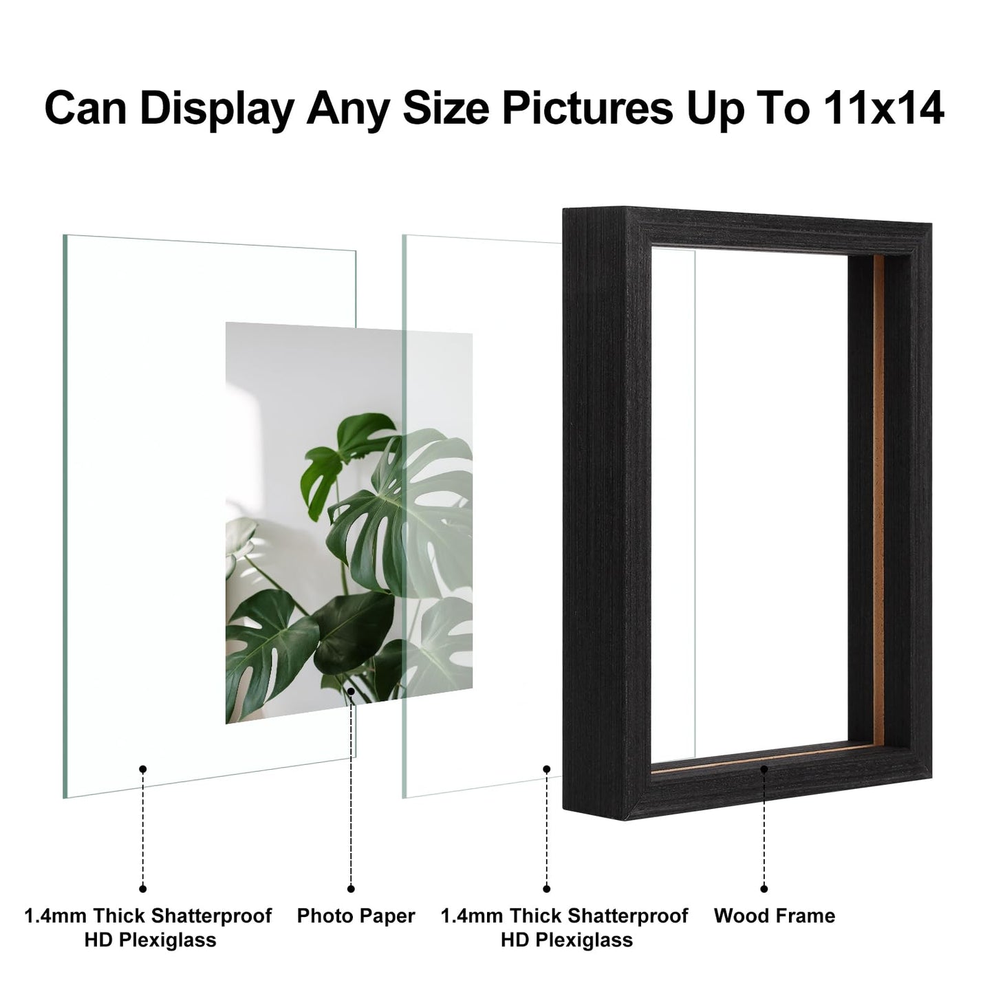 Egofine 11x14 Floating Frames Set of 2, Double Plexiglass Picture Frame, Made of Solid Wood Display Any Size Photo up to 11x14, Wall Mount or Tabletop Standing, Faded Black