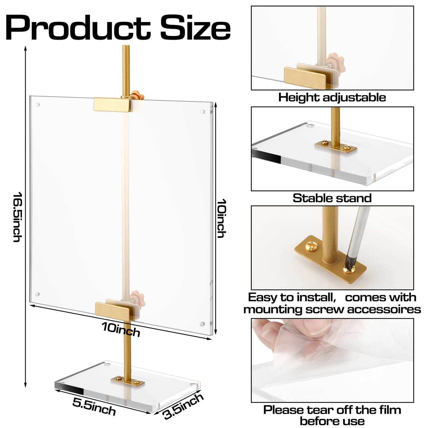 RattanView Adjustable Metal Easel Stand with Acrylic Floating Photo Frame 16.5" Tabletop Metal Standing Easel Display Stand for Display Picture, Frame, Photos, Art, Poster, Signs(Gold,Acrylic Base)
