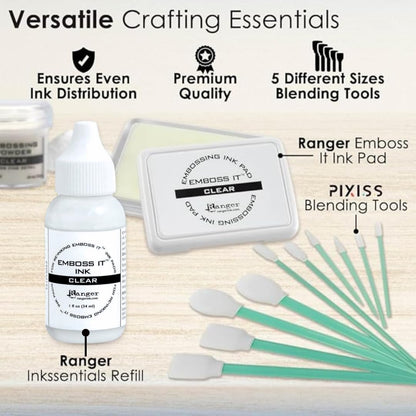 Ranger Emboss It Ink Pad, Reinker and Pixiss Blending Swabs - Clear Embossing Ink Pad with Refill (1 fl oz) - 10 Ink Blending Brush Tools - Card Making, Scrapbooking, and Jewelry Making Essentials