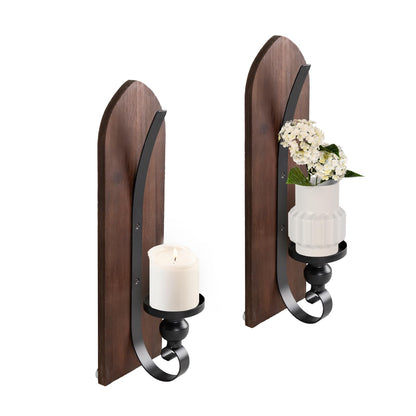 Wall Candle Sconces Set of Two, Brown Wall Mounted Metal and Wooden Wall Candle Holders, Farmhouse Candle Sconces for Bedroom, Fireplace, Brwon