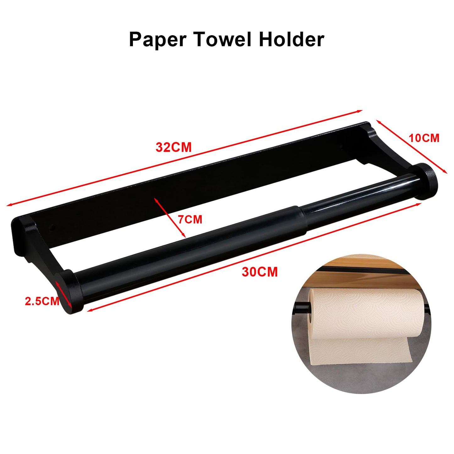 MONEER Paper Towel Holder Under Cabinet, Paper Towel Holder, Aluminum Alloy Kitchen Towel Holders, Self Adhesive Kitchen Roll Holder for Kitchen, Bathroom, Living Room (Black)