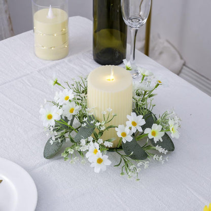 2 Pcs Candle Rings Wreaths,Artificial Daisy Flowers with Green Leaves Flower Candle Rings Candleholders Garland for Pillar Centerpiece Party Table Decor,3inch Center Diameter (White)
