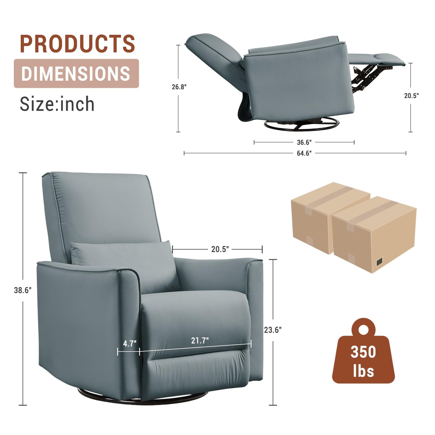 GarveeHome Swivel Rocking Recliner Chair, Upholstered Faux Leather Glider Recliner with Lumbar Support, high backrest & Padded armest, Manual Nursery Recliner for Living Room (Grey)