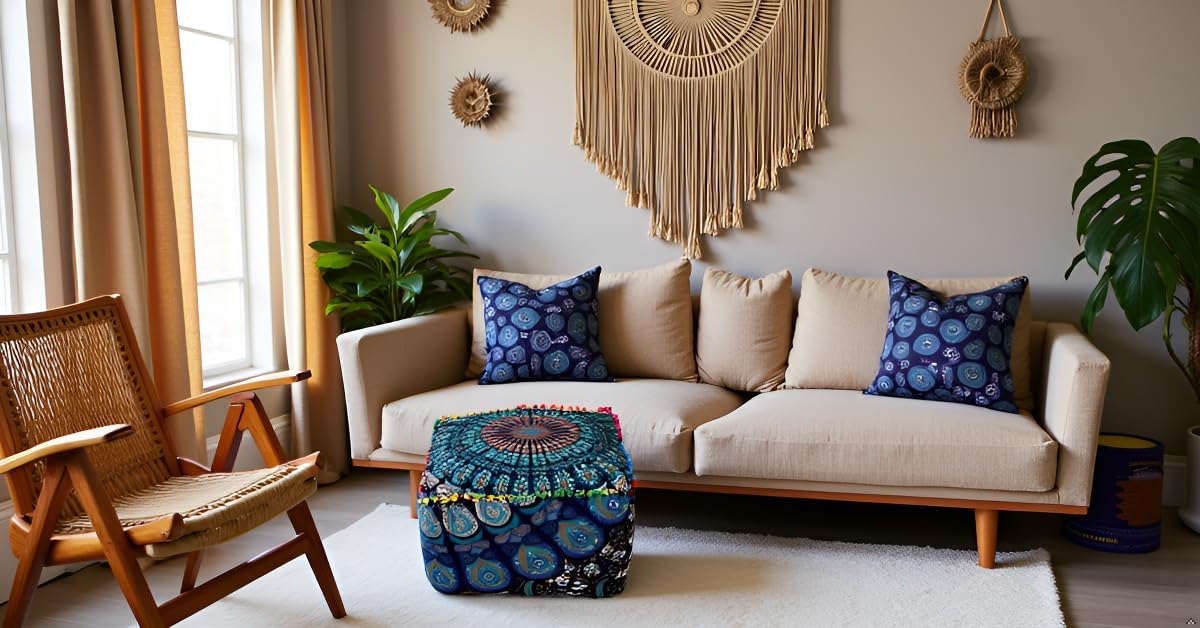 18X18X14 inches, CRAFT KALA Indian Square Patchwork Traditional Pouf Cover Indian Living Room Pom Poufs Cover