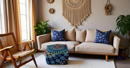 18X18X14 inches, CRAFT KALA Indian Square Patchwork Traditional Pouf Cover Indian Living Room Pom Poufs Cover