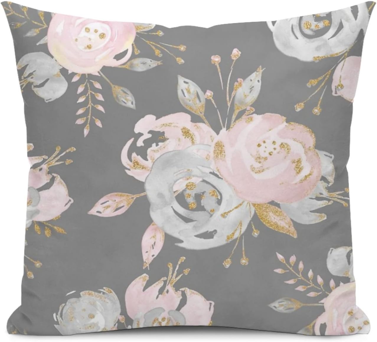 Golden Blush Roses Floral Throw Pillow Covers on Gray, Set of 2 Modern Decorative Cases 18"X18"